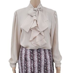 Weathervane Vintage 80s Women's Tie Neck Ruffled Poet Steampunk Blouse Taupe